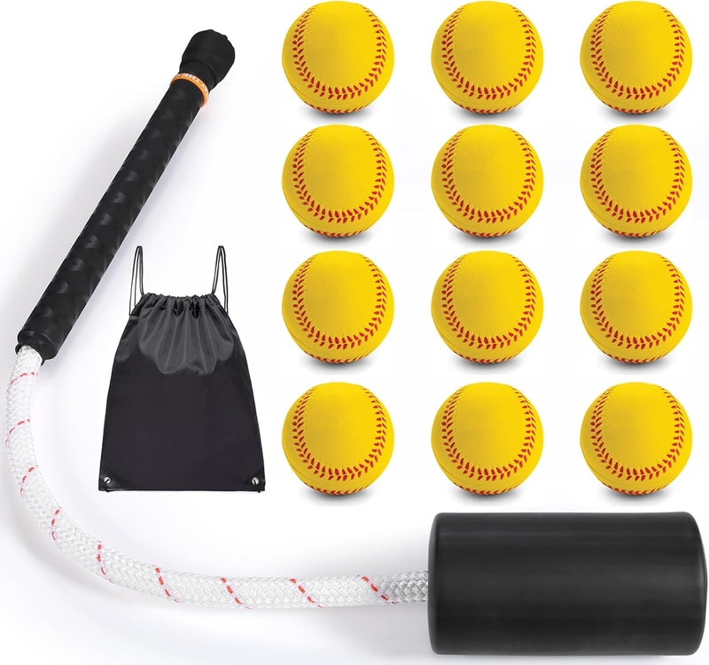 JUJINGYANG Baseball & Softball Swing Trainer Bat - Batting Practice Equipment - Includes Rope Swing Training Bat with 12 Training Balls & Tote Bag, Training Tool, Batting Aid - Image 1